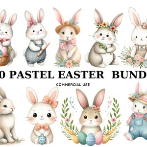 Aquarell Osterhasen mit Blumen Clipart, 300 Osterhasen Clipart, Niedliche Häschen Clipart, Frühling Bunnies Clipart, Floral Clipart, kommerzielle Nutzung