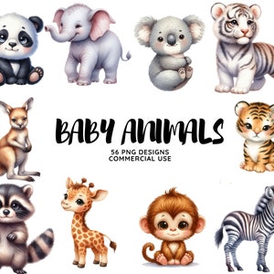Aquarell Safari Baby Tiere Clipart, PNG, Zebra, Tiger, Panda, Koala, Waschbär, Känguru, Giraffe, Elefant Hohe Auflösung, kommerzielle Nutzung