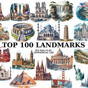 Clipart de marcos em aquarela, Torre Eiffel Png, Taj Mahal, Estátua da Liberdade, Ilustrações do Coliseu, download instantâneo para uso comercial