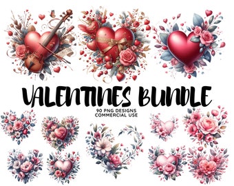 Watercolor Valentines Clipart: Heart, Rose, Floral Wreath (PNG Digital Download)