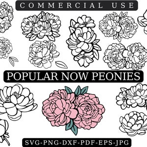Peony SVG Bundle: Black and White Peonies Clipart (Digital Download)