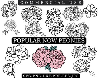 Peony SVG Bundle: Black and White Peonies Clipart (Digital Download)