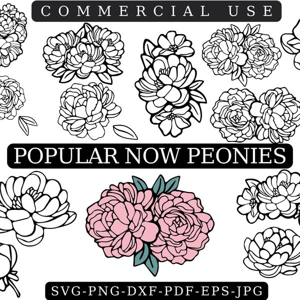 PEONIES SVG, PEONY Svg, Black and white Peony Peonies clipart, Cut Files For Cricut, Includes dxf & png, Pink Flower Svg File, Peony Vector