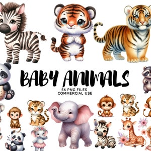 Aquarelle animaux de safari PNG Bundle, lunatique bébé animal Clipart pour décoration de chambre d'enfant Baby Shower anniversaire Sublimation usage commercial