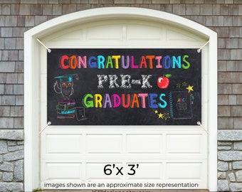 May include: A black chalkboard style banner with colorful text that reads "Congratulations Pre-K Graduates". The banner is decorated with a colorful owl, an apple, and stars. The banner is 6 feet by 3 feet.