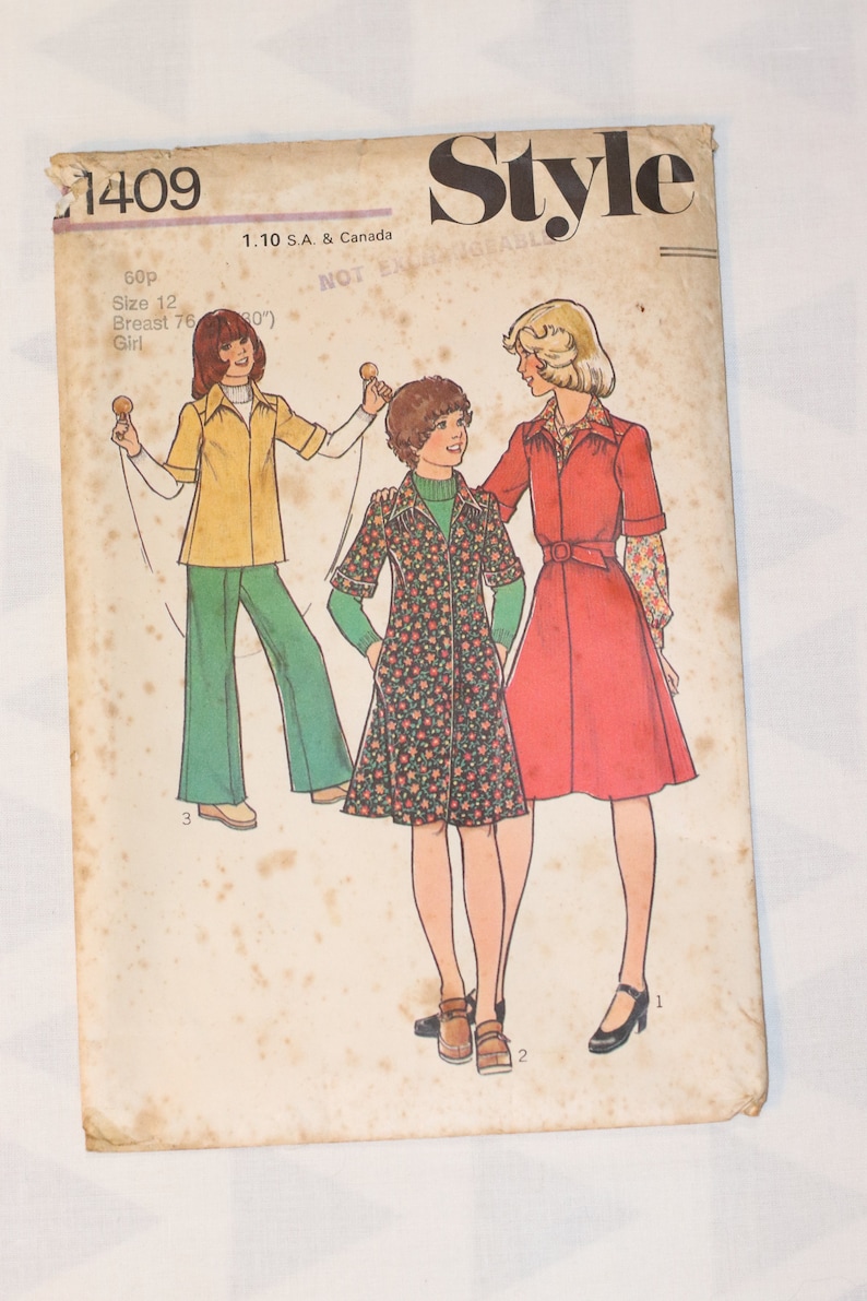 Rare Vintage Pattern Girl Size 12-1975 DressTop /& Trousers Style 1409