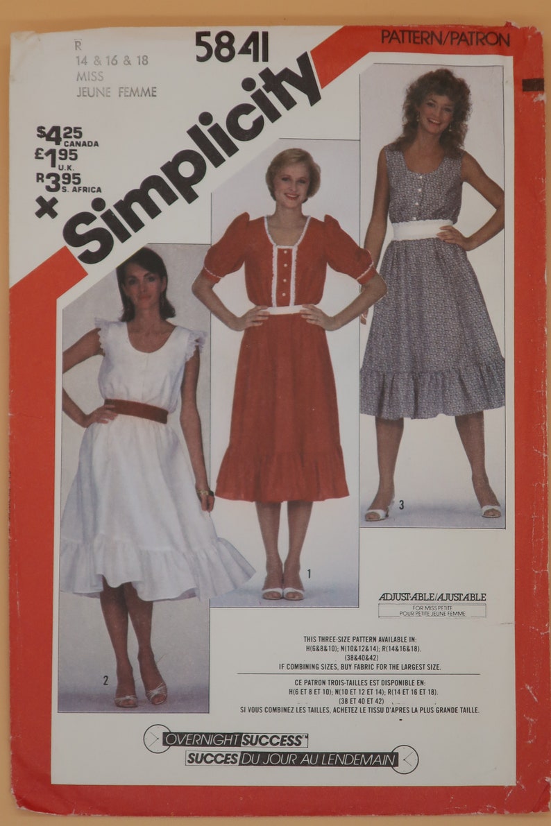 Size 14 16 Misses Pull Over Dress Vintage Sewing Pattern 18-1982 Simplicity 5841