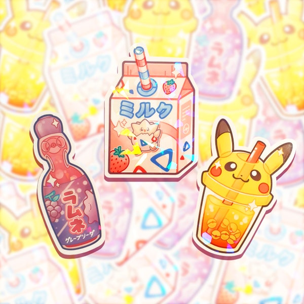 Pokédrinks Holographic Stickers - Pikachu Boba, Ditto Ramune, Togepi Milk box