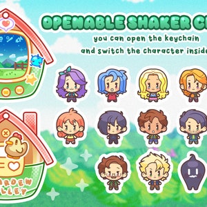 May include: A keychain charm shaped like a house from the video game Stardew Valley. The charm is openable and features a variety of characters from the game, including a farmer, a wizard, and a mermaid. The charm is made of metal and has a shiny finish.