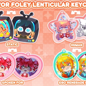 May include: Lenticular keychains with cartoon characters in various shapes: a TV, star, heart, and oval. The keychains display the text "FLAVOR FOLEY LENTICULAR KEYCHAIN", "STATIC", "HUMAN", "SPOKEN FOR", and "EGO RENEGADE BOY".