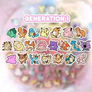Peut inclure: Collection d'autocollants colorés de personnages Pokémon de la Génération 1. Les autocollants présentent diverses créatures aux couleurs vives, dont Bulbasaur, Pikachu et Squirtle, avec le texte "GENERATION 1" dans une bannière rose.