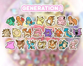 Op de afbeelding: Een verzameling kleurrijke Generation 1 Pokémon-personagestickers. De stickers tonen verschillende wezens in levendige kleuren, waaronder Bulbasaur, Pikachu en Squirtle, met de tekst "GENERATION 1" in een roze banner.