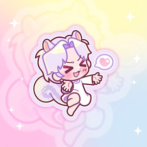 May include: A sticker of a cartoon squirrel character with light purple fur and a white outfit. The squirrel has a heart-shaped speech bubble and is reaching out with a friendly expression. The background is a gradient of pink, yellow, and blue.