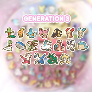Peut inclure: Une collection d'autocollants colorés de personnages de la Génération 3, représentant diverses créatures de dessins animés aux designs et couleurs distincts. Les autocollants sont disposés sur un fond rose clair, avec le texte "GENERATION 3" dans une bannière rose.