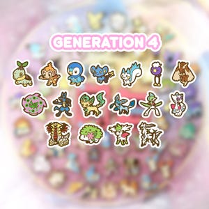 Peut inclure: Une collection d'autocollants de personnages de la Génération 4, représentant diverses créatures de dessins animés. Les autocollants sont disposés sur un fond rose tendre, avec le texte "GENERATION 4" dans une bannière rose.