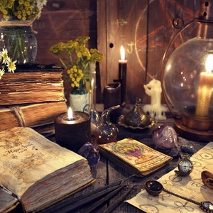 May include: A vintage, mystical scene with candles, books, and a glass lantern.  The books are open and have handwritten text, including the words "Magic Spells".  There are also scrolls, a tarot card, and a feather quill.