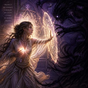 May include: Digital art depicting a woman in a white dress, radiating light, facing a dark, shadowy figure. The image includes text: "PROTECT MY ENERGY. I HONOR MY LIGHT. I STAND IN DIVINE TRUTH." The words "FEAR, DOUBT, SHAME, NOT ENOUGH, GUILT, YOU'RE POWERLESS" are also visible.