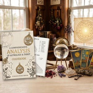 Könnte beinhalten: Ein Handbuch mit dem Titel A Comprehensive Analysis of Astrology & Tarot von Bailey, Psychic Medium, neben einer offenen Seite, einer Kristallkugel auf einem Ständer, drei Tarotkarten, einem Salbeibündel und zwei Metallschlüsseln.