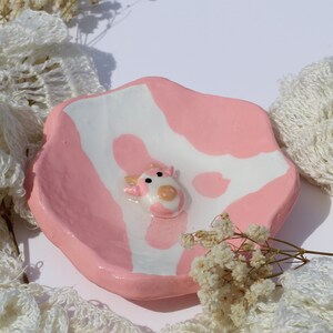 pink cow jewelry dish aesthetic, cowgirl print, strawberry cow print, jewelry dish ceramic, ring dishes, air dry clay art,clay dishes quirky