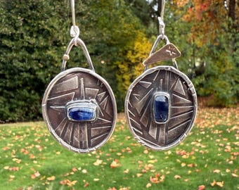 Handmade Asymmetrical Artisan Sterling Silver and Blue Kyanite Dangle Earrings