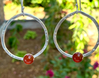 Carnelian Stone and Argentium Silver Circle Hoop Earrings