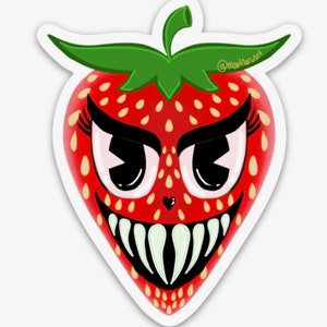 Może przedstawiać: Czerwona truskawka z groźnym wyrazem twarzy, dużymi oczami, ostrymi zębami i zieloną szypułką. Truskawka ma biały kontur i żółte tło.