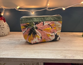 Medium Quilted Zipper Pouch - Pink and Yellow Flowers