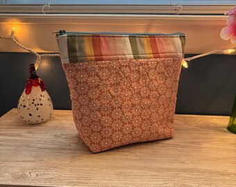 Large Quilted Zipper Pouch - Pastel Red Floral with Stripes