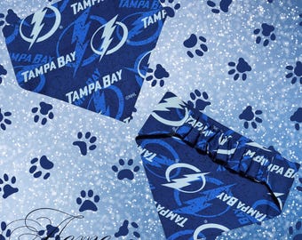 May include: Two blue Tampa Bay Lightning themed headbands with the team logo and text. The background is a light blue with paw prints. The logo and text are white and blue. The brand name "Acme Stitches" is at the bottom.