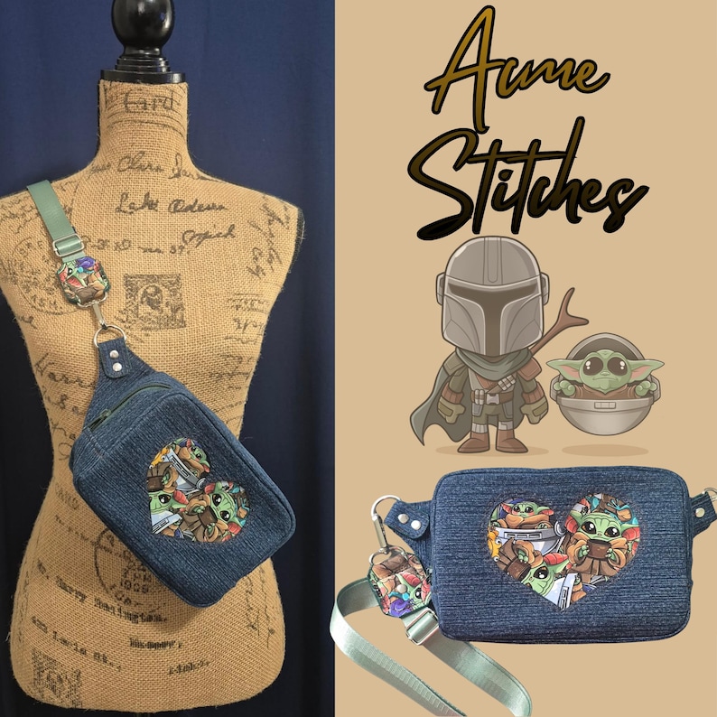 May include: Denim sling bag with a green strap and a heart-shaped graphic featuring characters from a popular sci-fi series. The bag is displayed on a mannequin. The image also includes a matching keychain and a cartoon illustration of the characters.