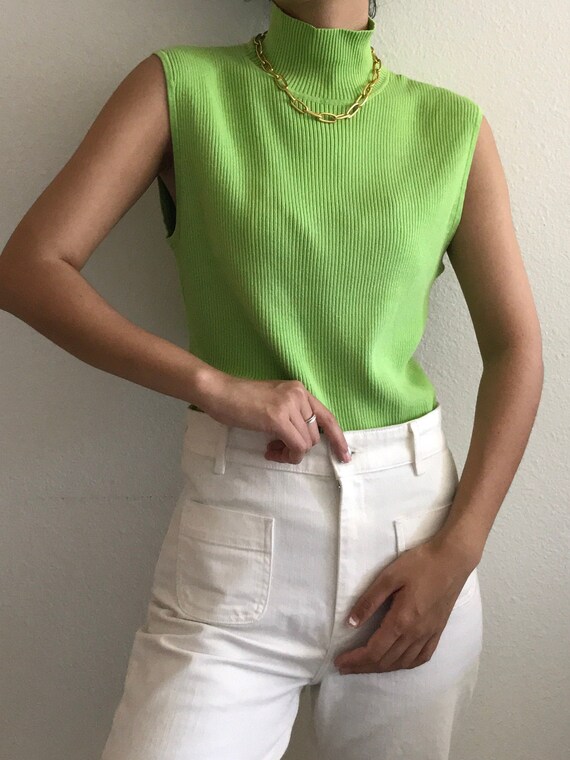 Vintage Silk Top Green Knit Sleeveless Turtleneck
