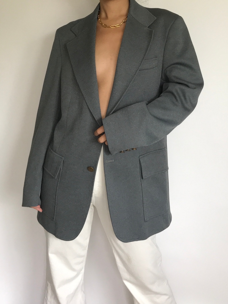 Vintage Gray Blazer Classic Single Breasted Oversized Unisex Suit Jacket Sportcoat Wool Blend FallWinter Minimal Suit Jacket Coat Size ML