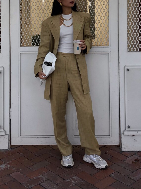 Vintage Pantsuit Yellow/Mustard Gingham Wool Silk