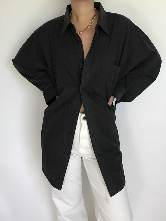 Cotton Shirt Vintage Black Oversized Unisex Button