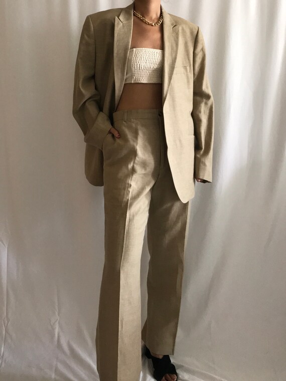 Vintage Pantsuit Beige/Tan Wool Linen Single Breas