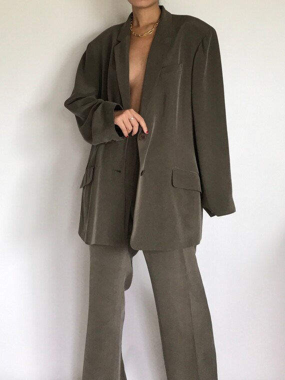 Silk Pantsuit Vintage Dark Taupe Green Single Brea