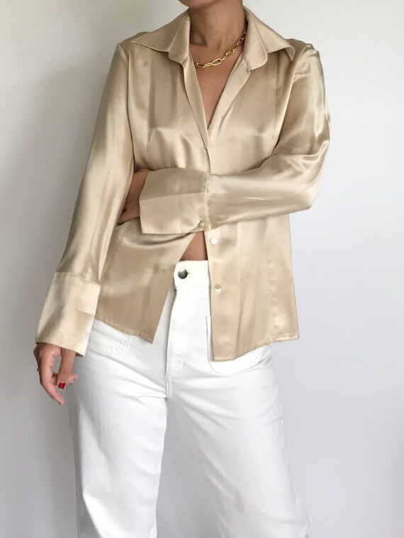 Silk Blouse Vintage Women's Gold Champagne Liquid