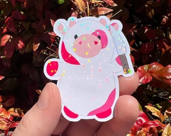 Squishy Plush Inspired Pink Cow With Knife Sticker | Holographic or Glossy Finish | Sparkly Rainbow Sticker For Squish Plush Cow Lover