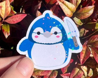 HOLOGRAPHIC Squishy Plush Inspired Bluejay With Knife Sticker | Sparkly Holo Rainbow Sticker For Squish Plush Collector HTF