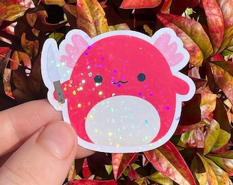 HOLOGRAPHIC Squishy Plush Inspired Pink Axolotl With Knife Sticker | Sparkly Holo Rainbow Sticker For Squish Plush Collector HTF