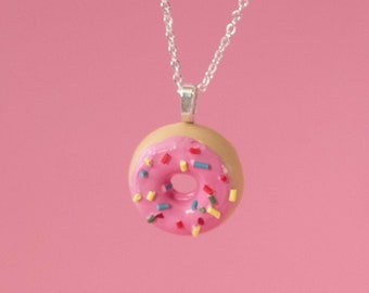 Strawberry Sprinkles Donut Necklace | Doughnut Jewelry Necklace Accessory | Donut Shop | Dessert Necklace | Food Jewelry