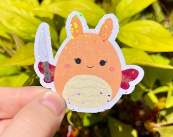 HOLOGRAPHIC Squishy Plush Inspired Yellow Moth With Knife Sticker | Sparkly Holo Rainbow Sticker For Squish Plush Collector HTF