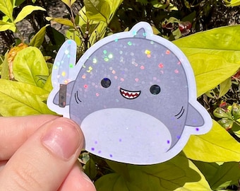 HOLOGRAPHIC Squishy Plush Inspired Smiley Shark With Knife Sticker | Sparkly Holo Rainbow Sticker For Squish Plush Collector HTF