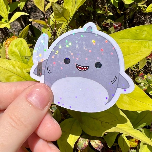 HOLOGRAPHIC Squishy Plush Inspired Smiley Shark With Knife Sticker | Sparkly Holo Rainbow Sticker For Squish Plush Collector HTF