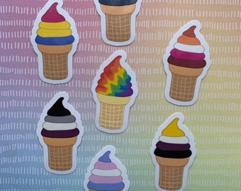 Pride Flag Ice Cream Soft Serve Water-Resistant Sticker | Gay Pride Stickers | LGBTQIA+ Pride | Rainbow Lesbian Bi Pan Ace Trans Nonbinary