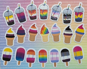 Pride Flag Water-Resistant Sticker Pack Popsicle Ice Cream Boba Tea|Gay LGBTQIA+ Pride | Rainbow Lesbian Bi Pan Ace Trans Nonbinary Stickers