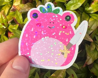 HOLOGRAPHIC Squishy Plush Inspired Pink Strawberry Frog With Knife Sticker | Sparkly Holo Rainbow Sticker For Squish Plush Collector HTF