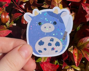 HOLOGRAPHIC Squishy Plush Inspired Purple Spotted Cow With Knife Sticker | Sparkly Holo Rainbow Sticker For Squish Plush Collector HTF