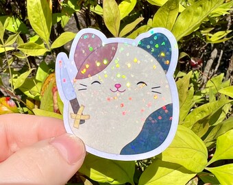HOLOGRAPHIC Squishy Plush Inspired Calico Cat with Knife Sticker | Sparkly Holo Rainbow Sticker For Squish Plush Collector HTF