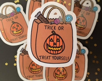 Trick or Treat Yourself Halloween Bag Water-Resistant Sticker | Perfect for Laptop, Notebook, Phone Case, and More